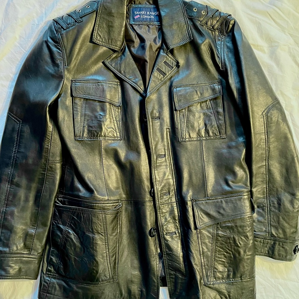 Men’s black leather jacket, about size 42, fully lined, military style